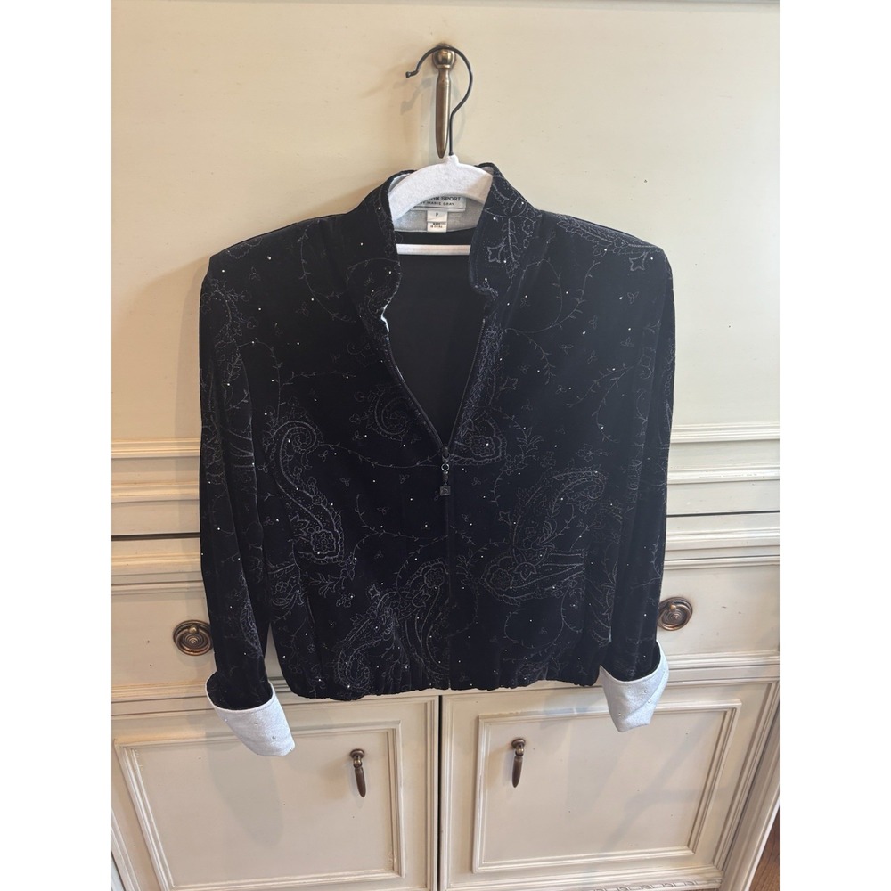 St. John Sport Velvet Zip Jacket Black‎ Rhinestone Silver Cuff Small Embroidery